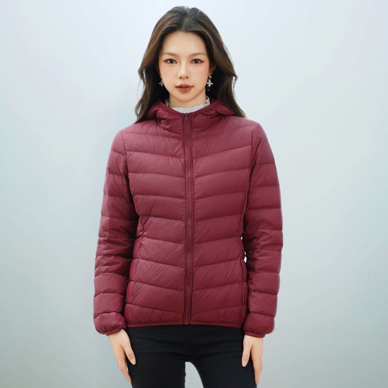 Women's Wine Red Lightweight Down Jacket with Hood, Windproof Polyester Puffer Coat, Warm Winter Outerwear for Daily Wear - Image 1